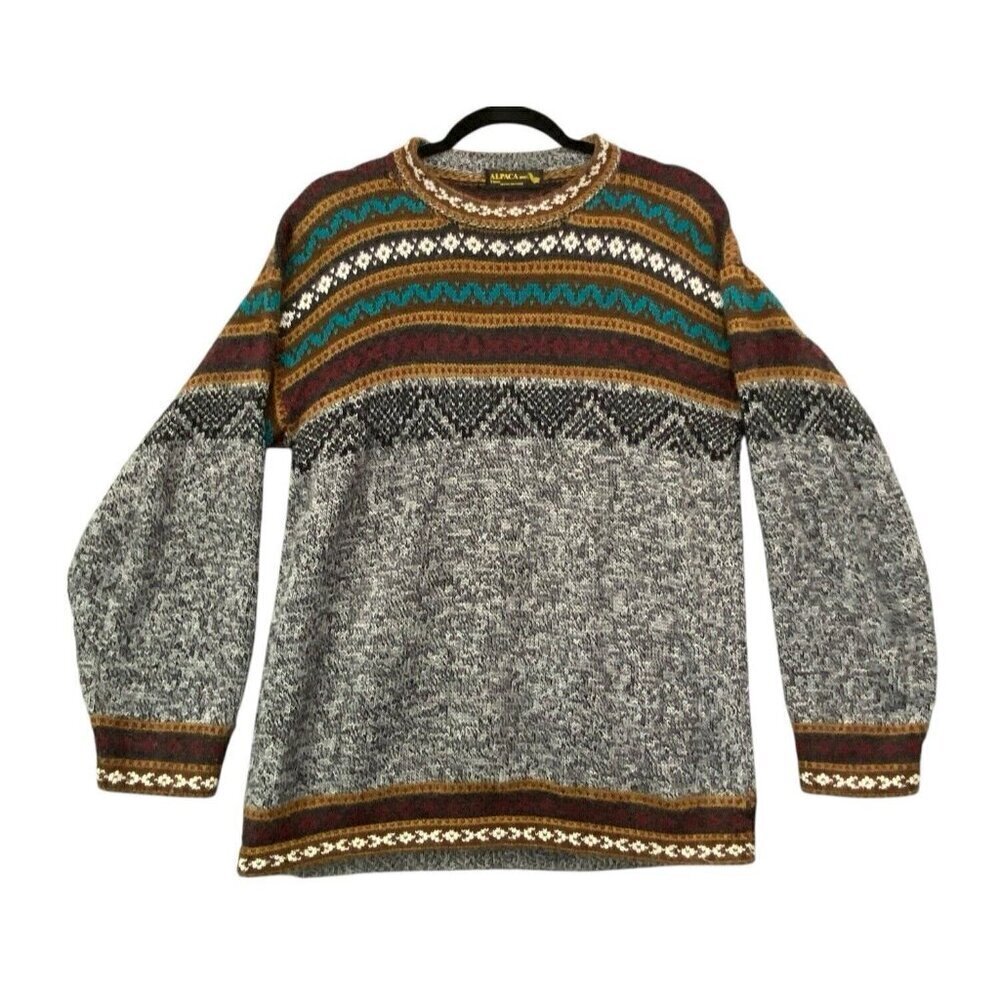 ALPACA Wool Women Sweater Jumper Size M/L Multicolor Tribal‎ Aztec 63-7